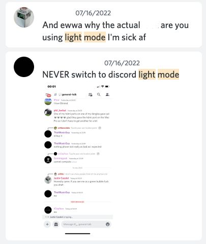 Someone questions 'why the actual curse would you use discord light mode' and another warns others to never use it