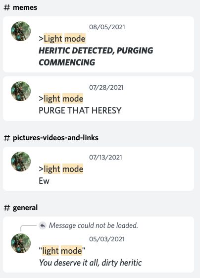 One guy making the same joke about light mode four separate times