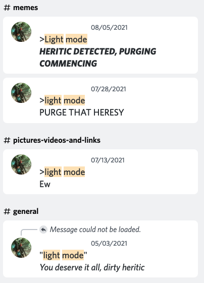 One guy making the same joke about light mode four separate times