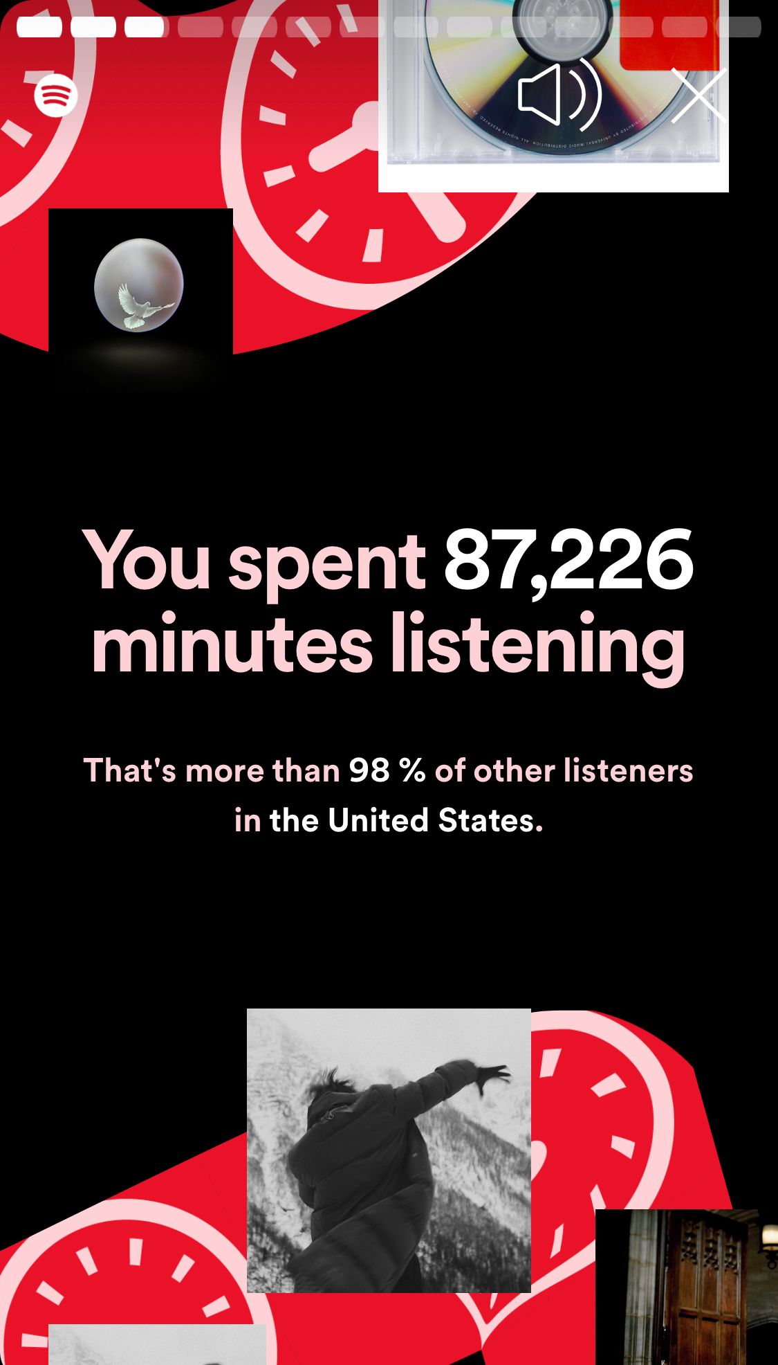 My spotify listening stats: 87,000 minutes listening.