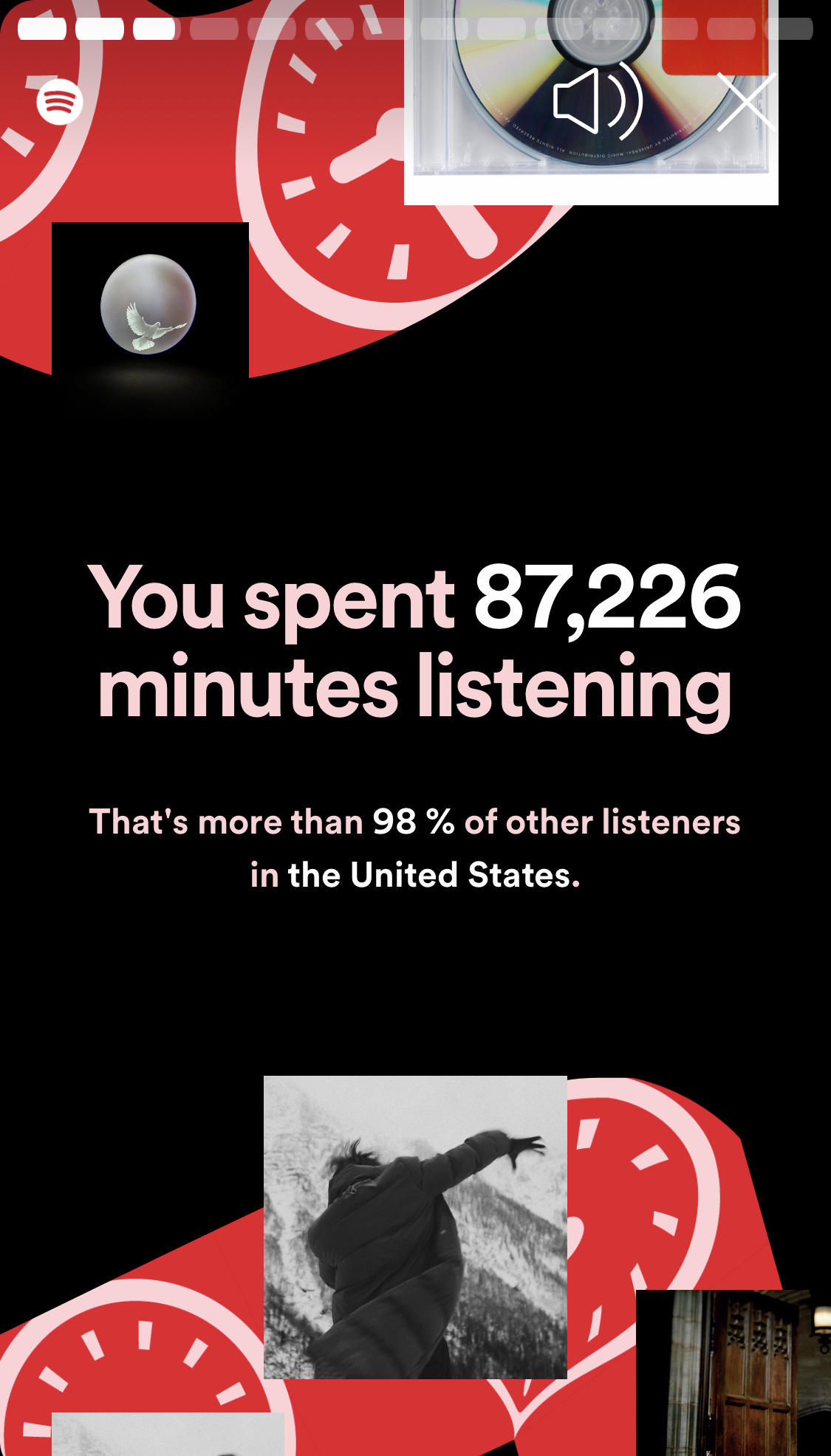 My spotify listening stats: 87,000 minutes listening.