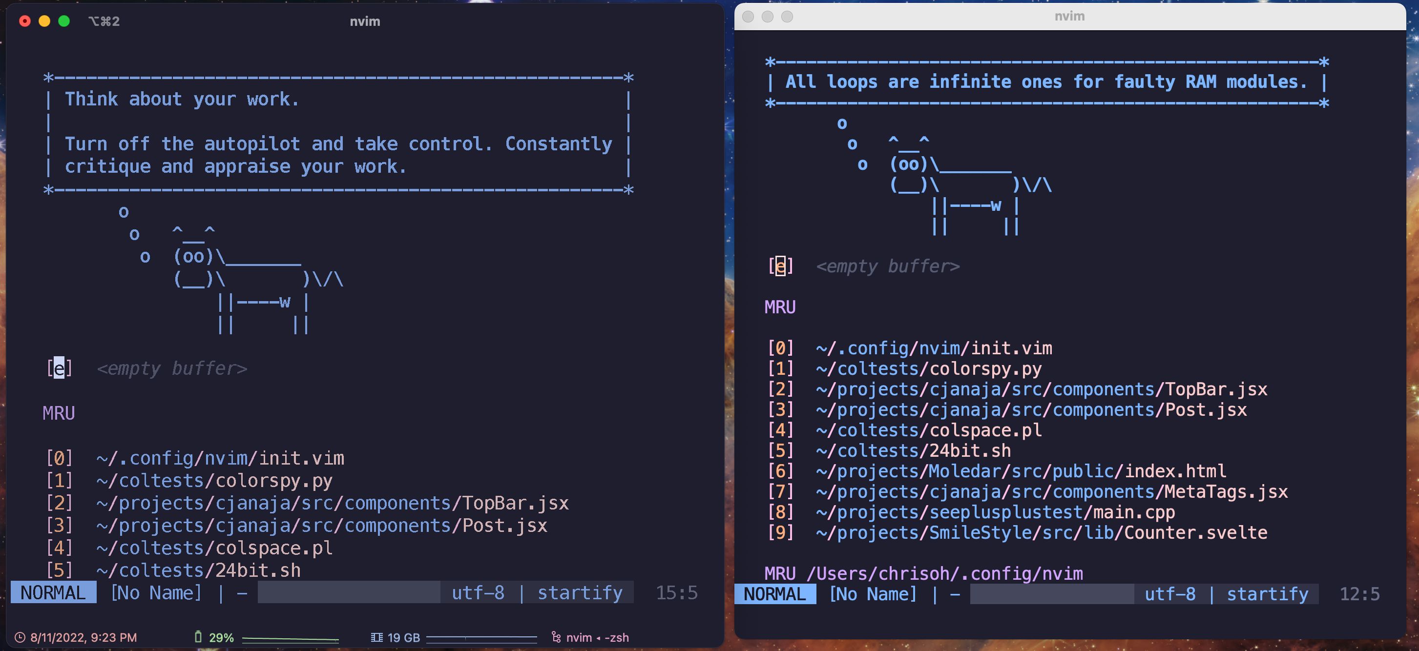 iterm on the left and alacritty on the right with iterm having heaveir font because antialiasing is off