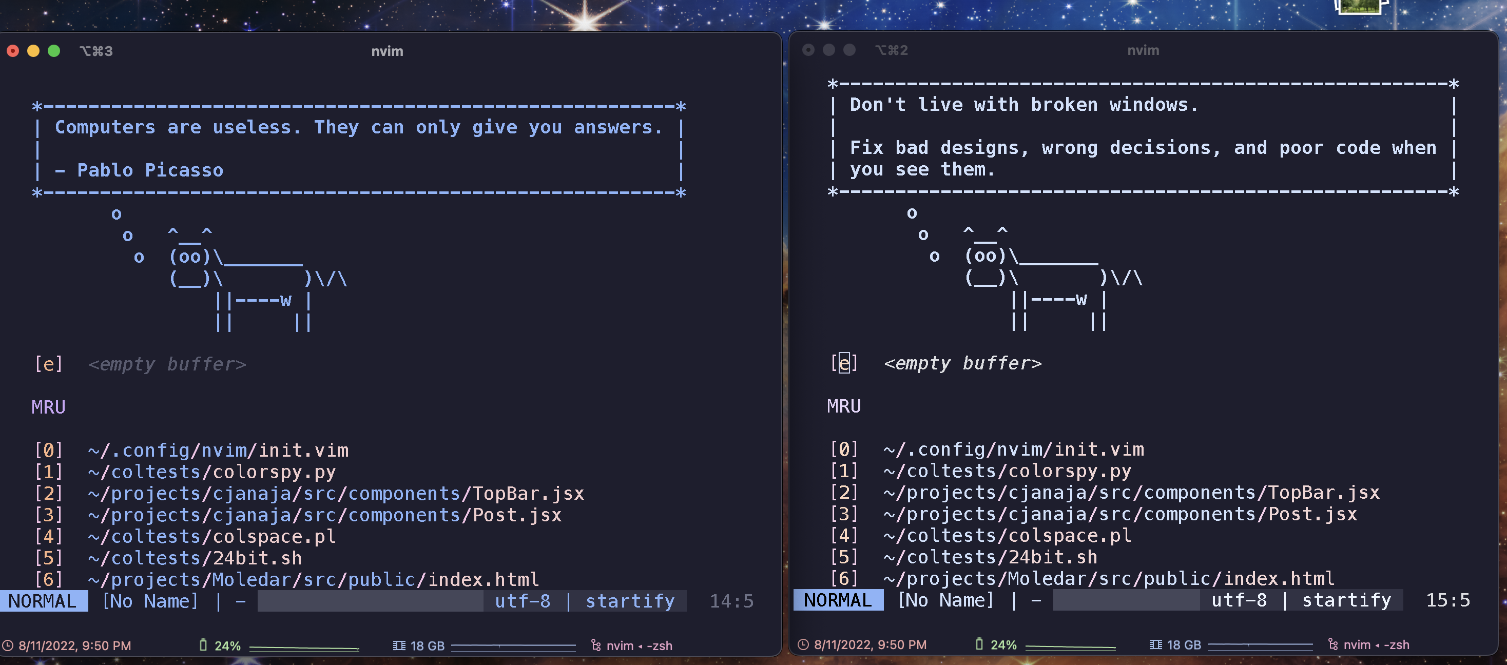 two iterm window next to each other, the window on the right has very desaturated text colors