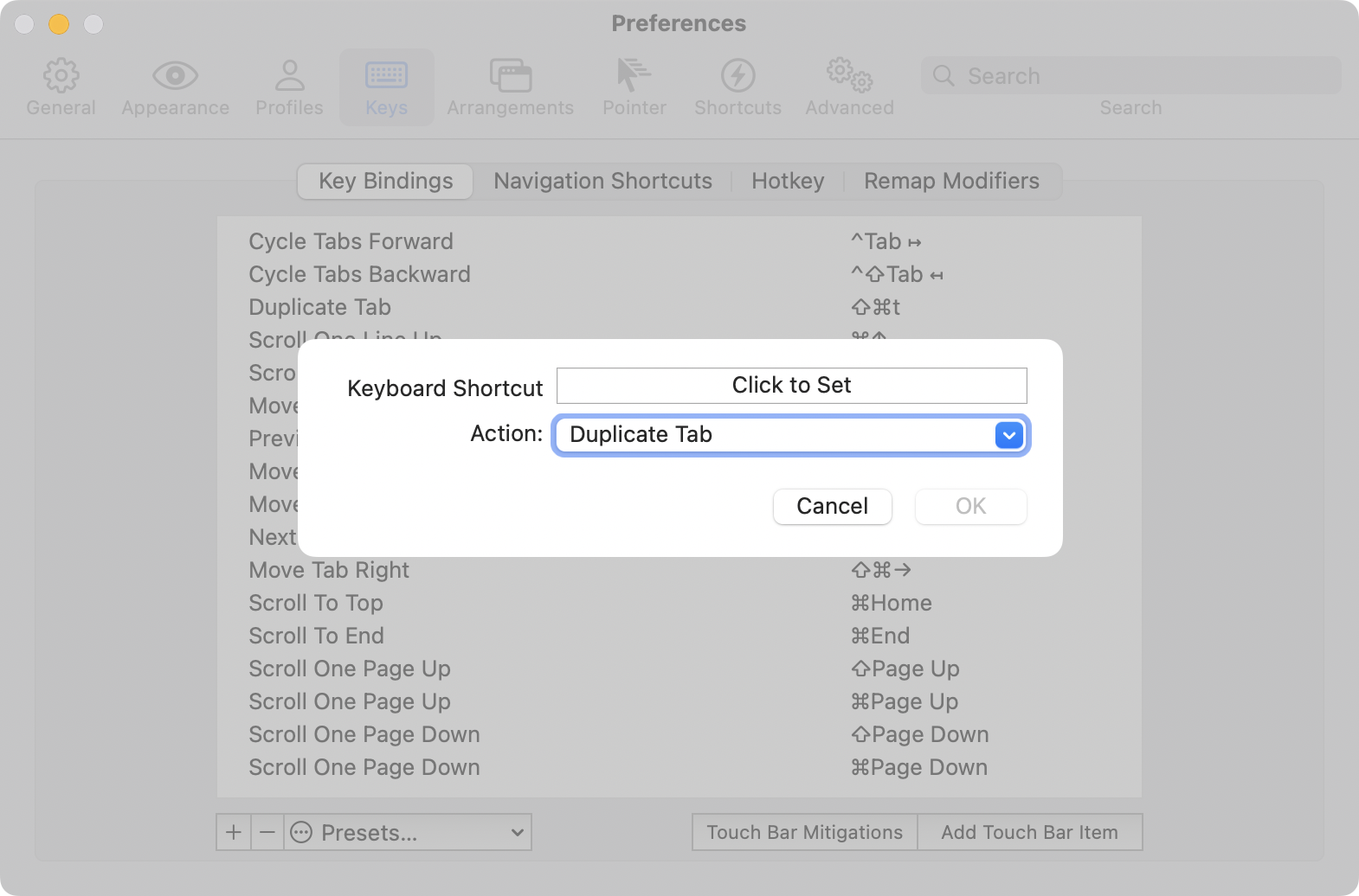 iTerm2 keybinding page, with a window that displays a bind target of "Duplicate Tab"