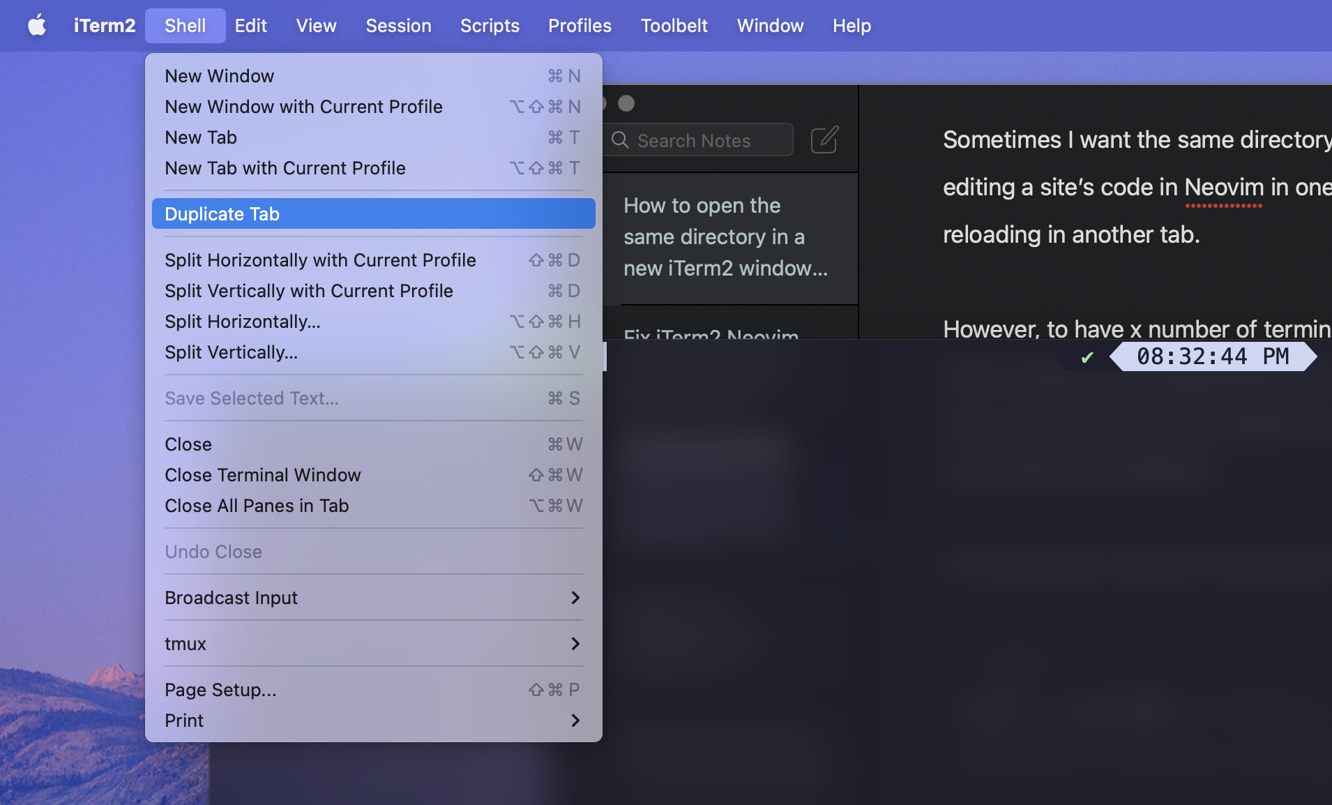 The menu option for duplicating an iTerm2 tab