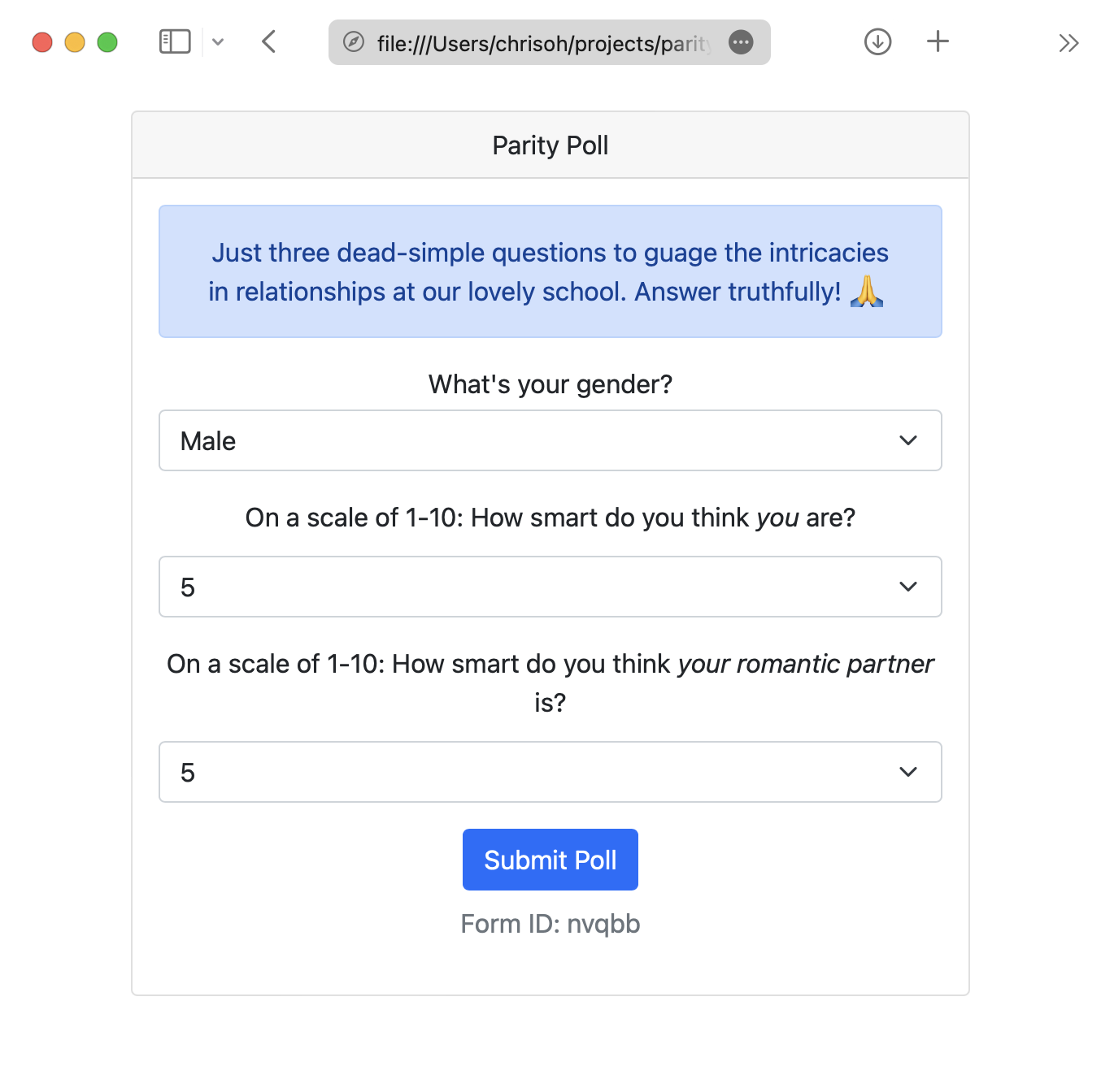 Parity Platform Survey Screen
