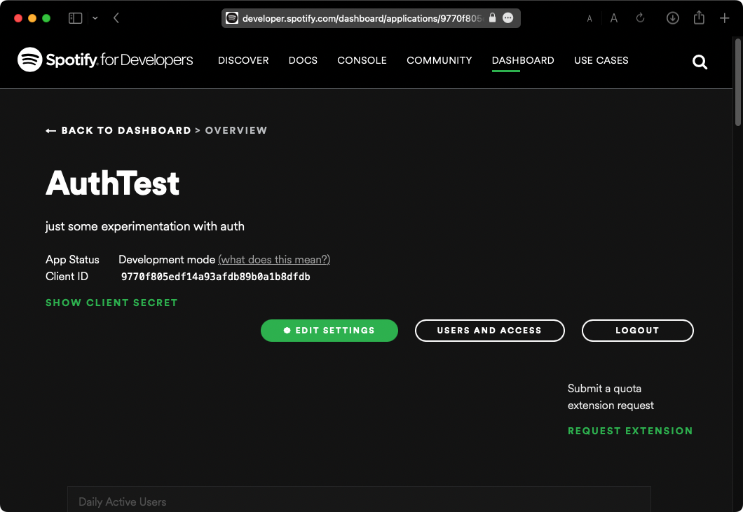 AuthTest App Properties Page