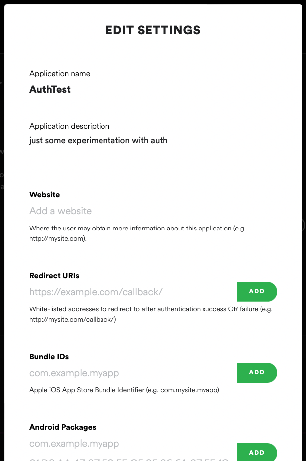 AuthTest Settings Modal